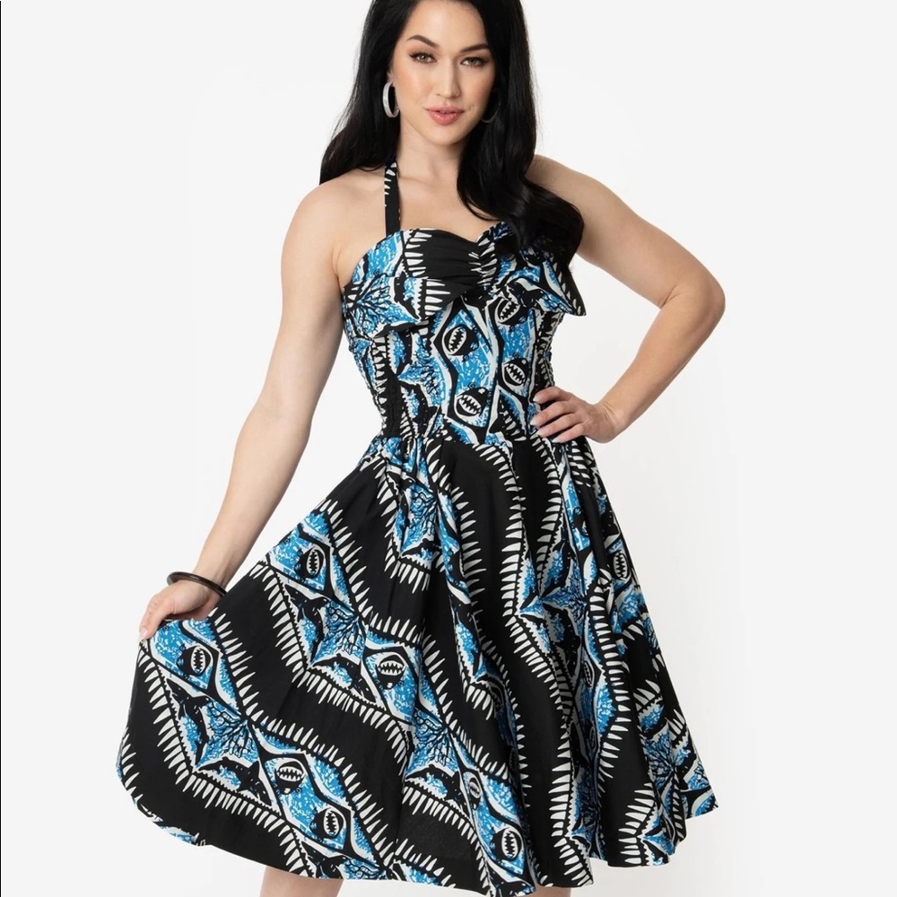 Unique Vintage Alfred Shaheen Black Shark Swing Dress